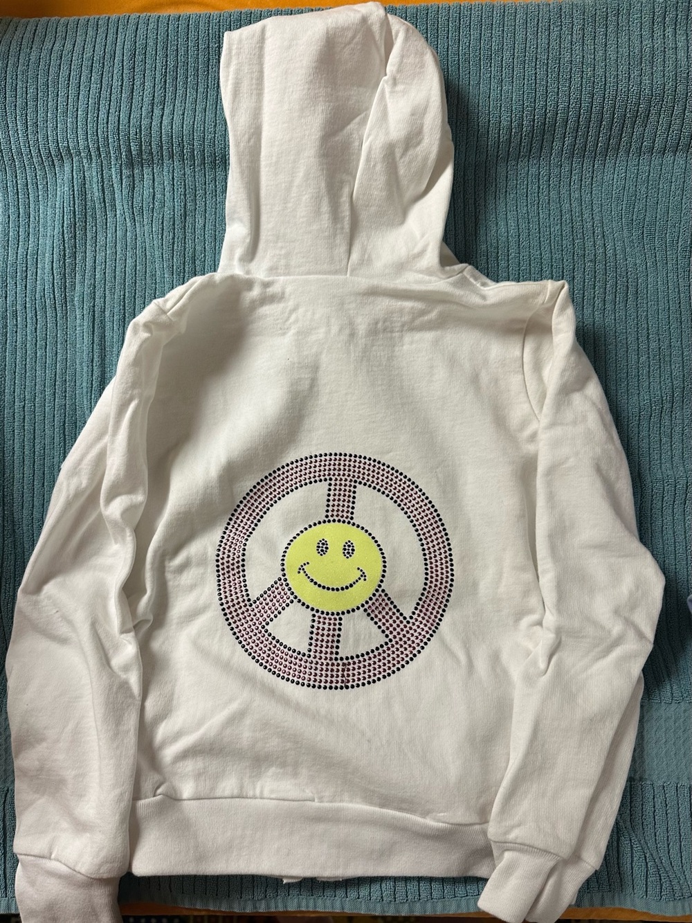 American Apparel White Kids zip Hoodie with Yellow Smiley/rhinestone peace sign